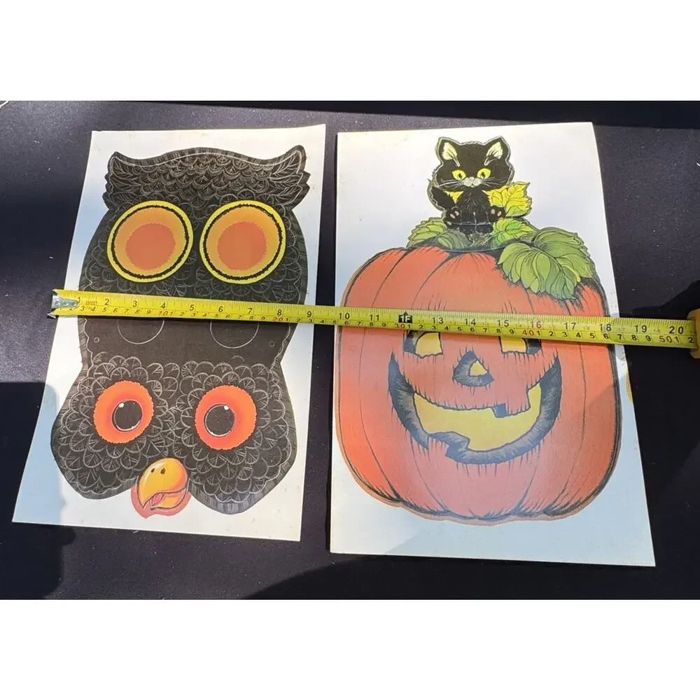 2 Vintage Halloween Masks Hallmark Paper Oscar Owl & Percy Pumpkin Unused!